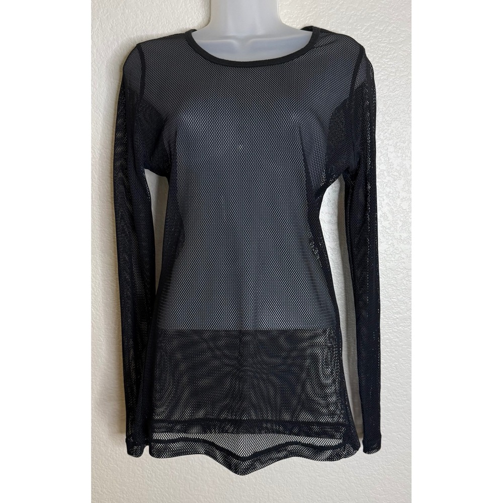 Hot Topic Womens LG Long Sleeve Top Black Sheer Fishnet Mesh Layering Shirt